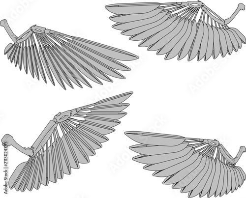 Side view and isometric angles of a futuristic cybernetic wing design featuring bright yellow feathers and a high-tech white articulation frame