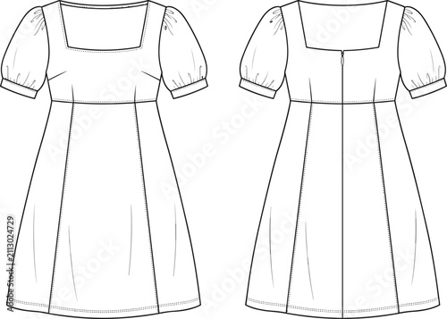Elegant Puff Sleeve A-Line Dress Technical Flat with Square Neckline Front and Back ViewsElegant Puff Sleeve A-Line Dress Technical Flat with Square Neckline Front and Back Views
