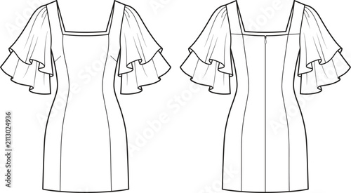 Ruffled Sleeve Mini Dress Technical Flat with Square Neckline Front and Back ViewsRuffled Sleeve Mini Dress Technical Flat with Square Neckline Front and Back Views