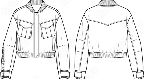 Technical Flat Sketch of Bomber Jacket with Ribbed Collar and Front Flap PocketsTechnical Flat Sketch of Bomber Jacket with Ribbed Collar and Front Flap Pockets