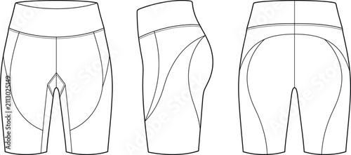 Technical Flat Sketch of Compression Shorts with High Waist and Curved Panel SeamsTechnical Flat Sketch of Compression Shorts with High Waist and Curved Panel Seams