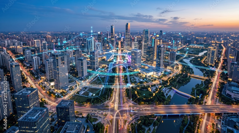 Fototapeta premium Futuristic smart city skyline with glowing digital network connections, aerial view of modern urban infrastructure and data technology at twilight, concept of IoT and connectivity.