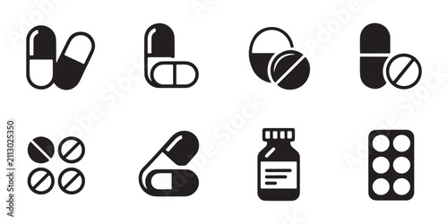 Bild auf Leinwand Set of medical pill icons depicting capsules tablets bottles and blister packs for health care design