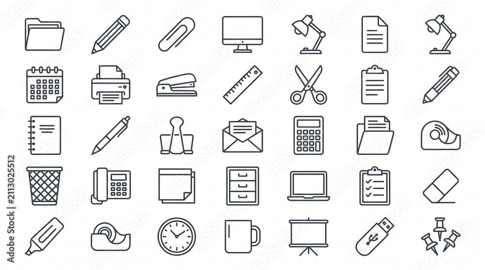 Fototapeta premium Office stationery line art icons. Set of business supplies and workspace equipment symbols.