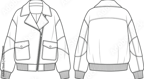 Technical Flat Sketch of Oversized Bomber Jacket with Notched Collar and Flap PocketsTechnical Flat Sketch of Oversized Bomber Jacket with Notched Collar and Flap Pockets