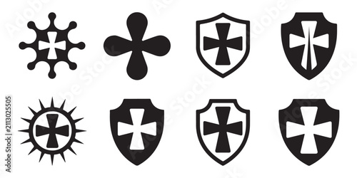 Εκτύπωση καμβά Shield icons with religious cross symbol set representing protection faith and medieval heraldry style