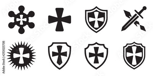 Billede på lærred Religious cross and shield icon set depicting medieval knight symbols and protection design elements