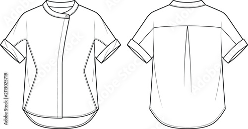 Technical Flat Sketch of Short-Sleeve Asymmetrical Button Shirt with Curved Hem and Back PleatTechnical Flat Sketch of Short-Sleeve Asymmetrical Button Shirt with Curved Hem and Back Pleat