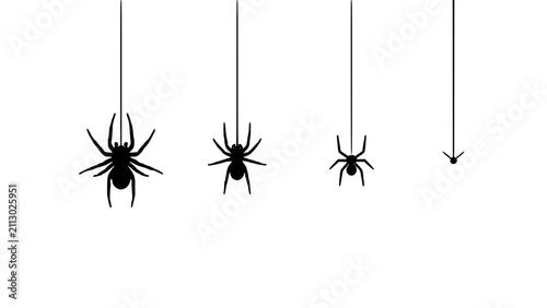 Spiders Hanging From Threads Against a White Background Featuring Spider, Arachnid, Insect with Silhouette and Black Elements