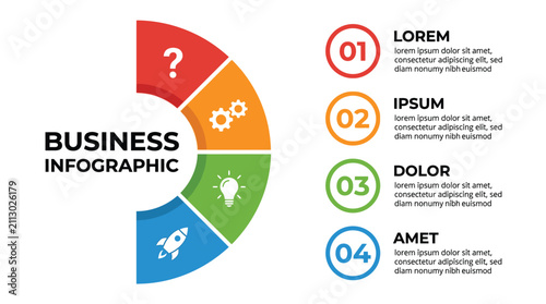 Colorful business infographic template featuring four distinct segments with icons and text placeholders for professional corporate data presentation and planning