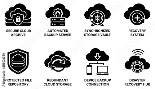 Cloud Storage Icons Representing Secure Cloud Archive, Automated Backup Server, Synchronized Storage Vault, Re