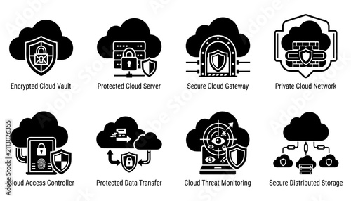 Cloud Security Icons Depicting Encrypted Cloud Vault, Protected Cloud Server, Secure Cloud Gateway, Private Cl