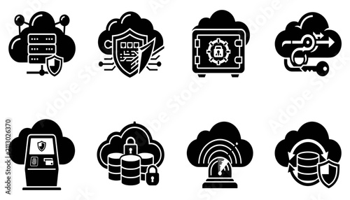 Cloud Icons Representing Security and Data Protection Concepts with Shields, Locks, and Servers