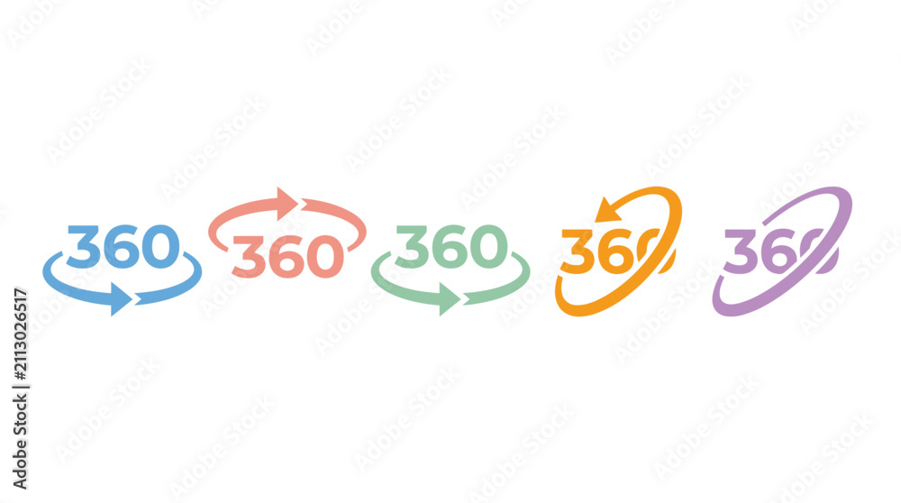 Fototapeta premium Five colorful three hundred sixty degree rotation icons featuring minimalist typography and smooth circular arrows on a clean white background