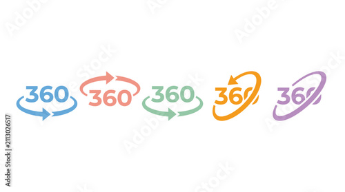Five colorful three hundred sixty degree rotation icons featuring minimalist typography and smooth circular arrows on a clean white background
