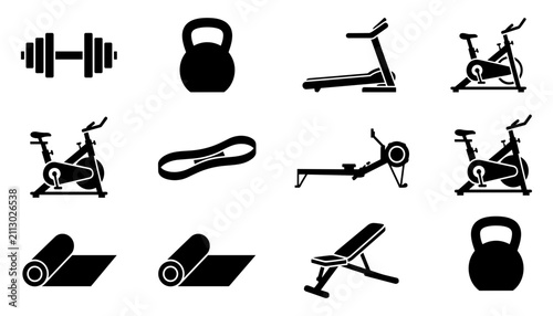 Fitness Equipment Icons Including Dumbbells, Kettlebells, Exercise Machines, and Yoga Mats Featuring Workout