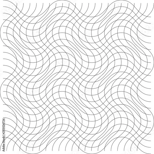 Abstract Seamless Wavy Line Grid Pattern, Optical Illusion Curved Wave Vector Background, Distortion Mesh Texture Design for Apparel, Textiles, Packaging, Wallpaper, and Digital Graphic Assets