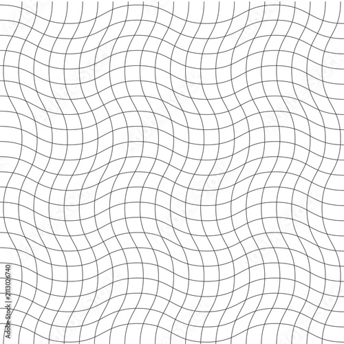 Abstract Seamless Wavy Grid Line Pattern, Optical Wave Distortion Vector Background, Curved Mesh Texture Design for Apparel, Textiles, Packaging, Wallpaper, Cover, and Digital Graphic Assets