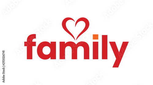 The word family is written in red lowercase letters with a heart symbol replacing the dot above the letter i