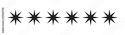Foto Set of six identical black eight pointed star shapes arranged in horizontal row on transparent background