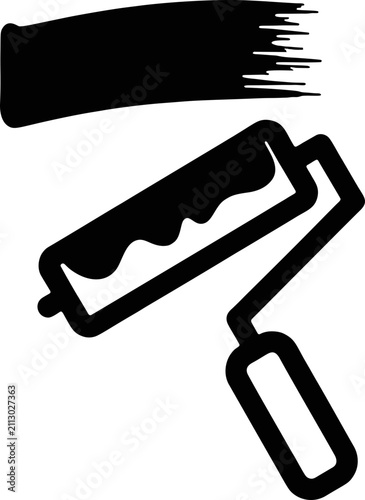 Paint Roller Icon with Brush Stroke Vector Illustration for Home Renovation, Interior Design, and DIY Painting Projects. Minimalist Black and White Graphic Design for Construction and Decorating 
