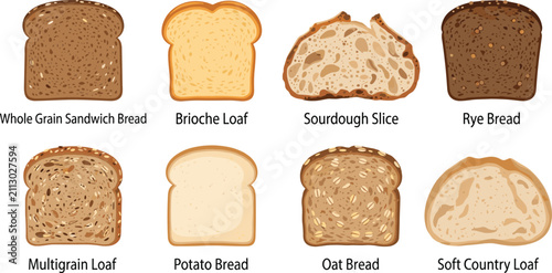 Foto Tasty collection of bread slice illustrations featuring whole grain, brioche, so