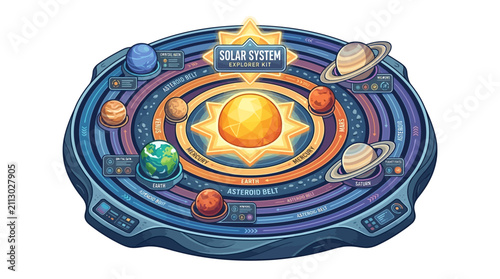 3D isometric illustration of a solar system learning kit for science education and space exploration