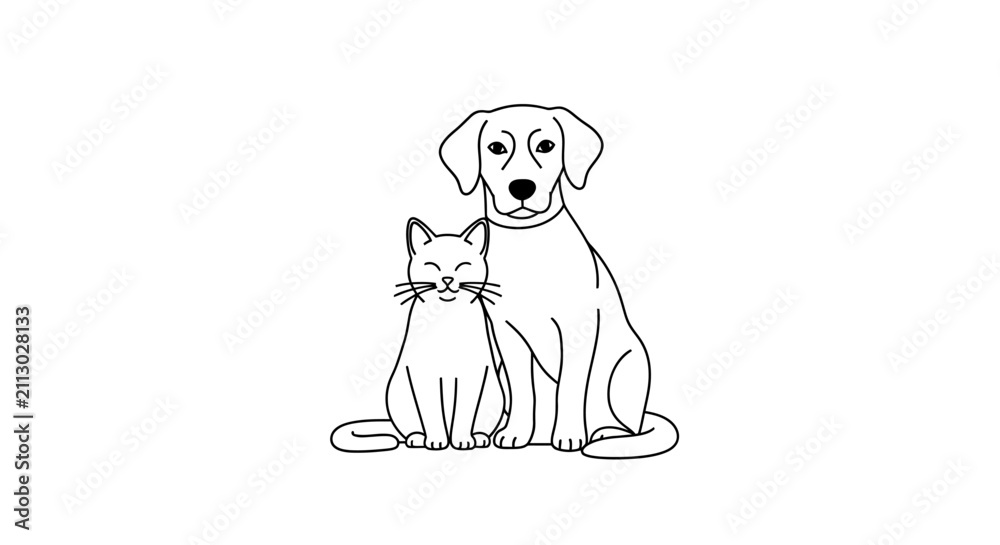 Obraz premium Line Drawing Dog Cat Sitting Together Side By Side.