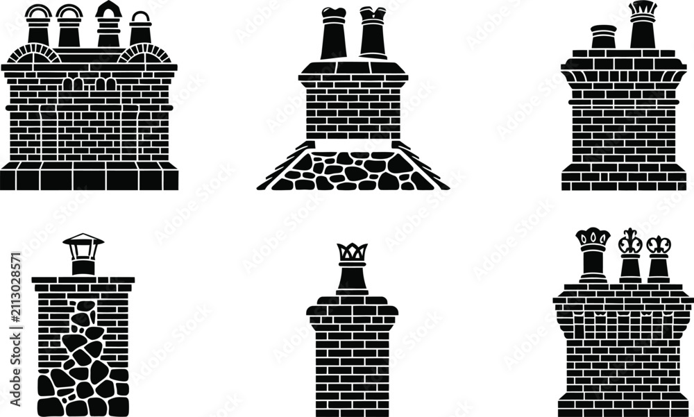 Obraz premium Collection of Diverse Chimney Icons: Vector Illustrations on White Background
