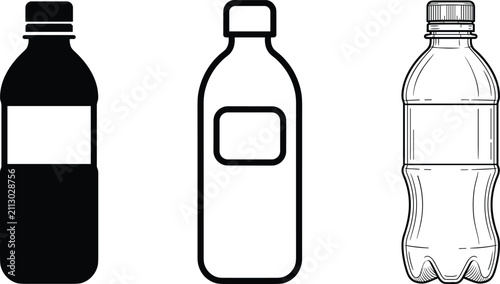 Set of three plastic water bottle icons in solid black simple outline detailed sketch style beverage container hydration packaging silhouette