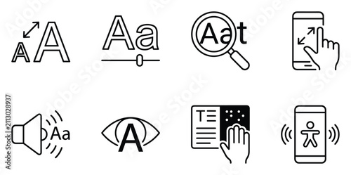Set of eight icons representing accessibility options for font size screen reader and audio controls.