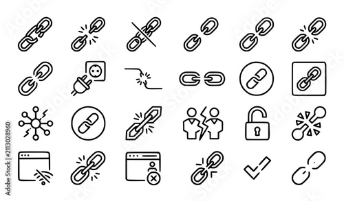 Quadro su tela Broken Link and Disconnect Line Icon Set with Unlinked Chain Symbols, Network Di