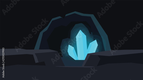 Fotografie Glowing blue crystal formation inside a dark stone cave with minerals, gemstone