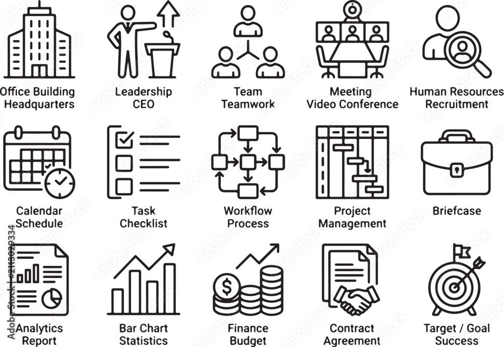 Fototapeta premium Modern Minimalist Business Icons Set Featuring Office Leadership, Teamwork, Meetings, Workflow, Finance, and Success