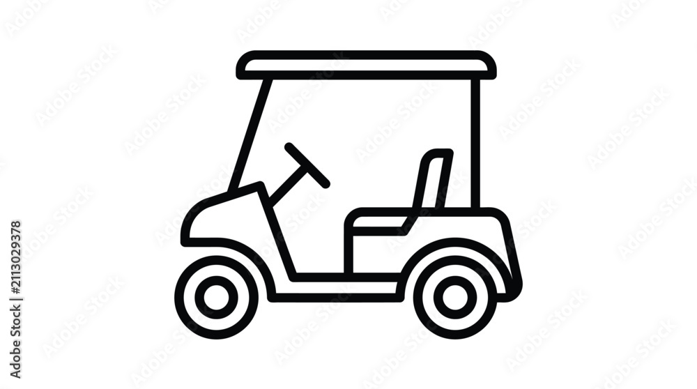 Fototapeta premium Minimalist black outline icon of a golf cart featuring simple geometric shapes and clean lines on a white background design