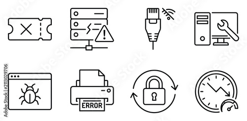 Plakat Technology and computer error icons: ticket, server issue, network problem, repair, bug.
