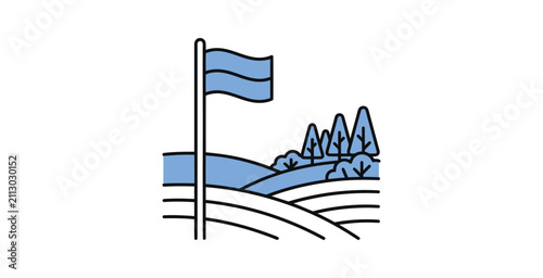 Landscape with Flag Outline Vector Illustration