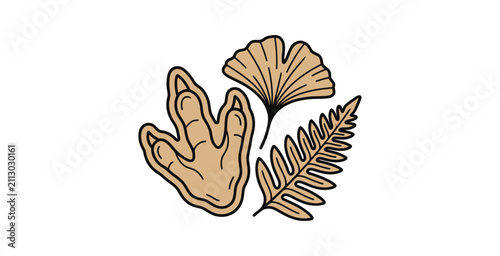 Dinosaur Footprint and Prehistoric Plant Vector Illustration