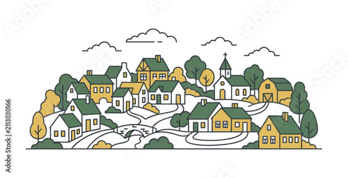 Quaint Village Landscape Vector Illustration