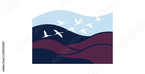 Flock of Birds Over Hills Vector Illustration