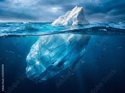 An iceberg reveals both tip and underwater mass in a split-level view — the visible and hidden iceberg as a visual truth. Ideal for environment, climate, science, and landscape editorial.