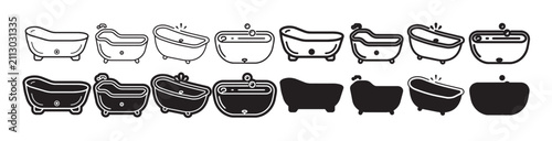 Foto Bathtub line icon collection isolated on white background various styles of bathtubs flat and solid design elements