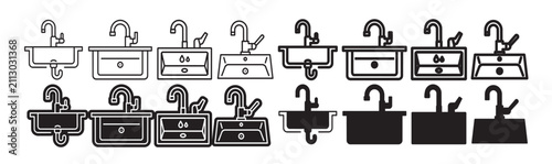Принти на полотні Sink line icon collection isolated on white background various styles of kitchen and bathroom sinks flat and solid design