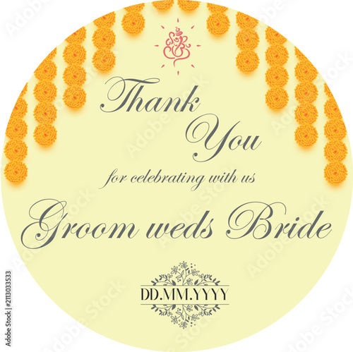 Traditional Indian Wedding Thank You Tag Design with Marigold Flower Garland and Lord Ganesha Icon