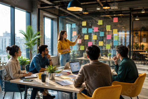Group of Professionals Analyzing Data on Glass Board around Conference Table