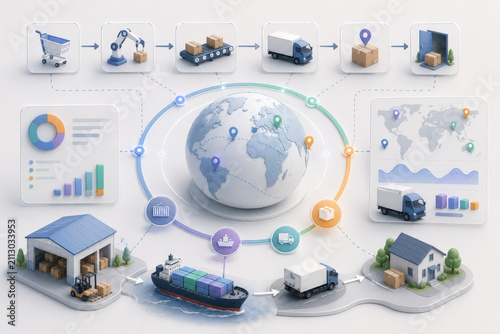 Global Logistics Network 3D Isometric Map with Supply Chain Transportation Modes