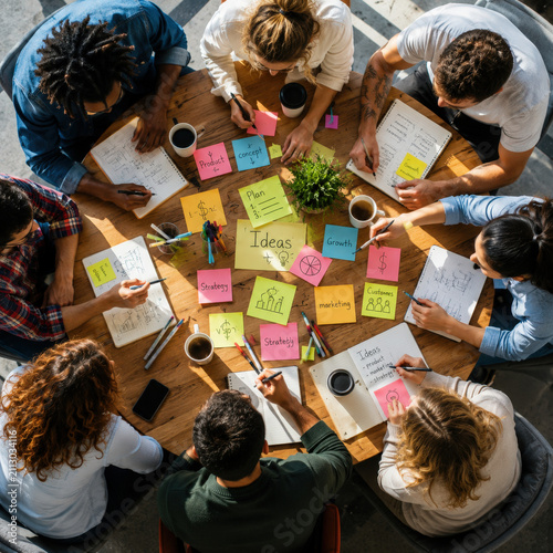 Top View Overhead Angle of Team Brainstorming with Sticky Notes around Round Table