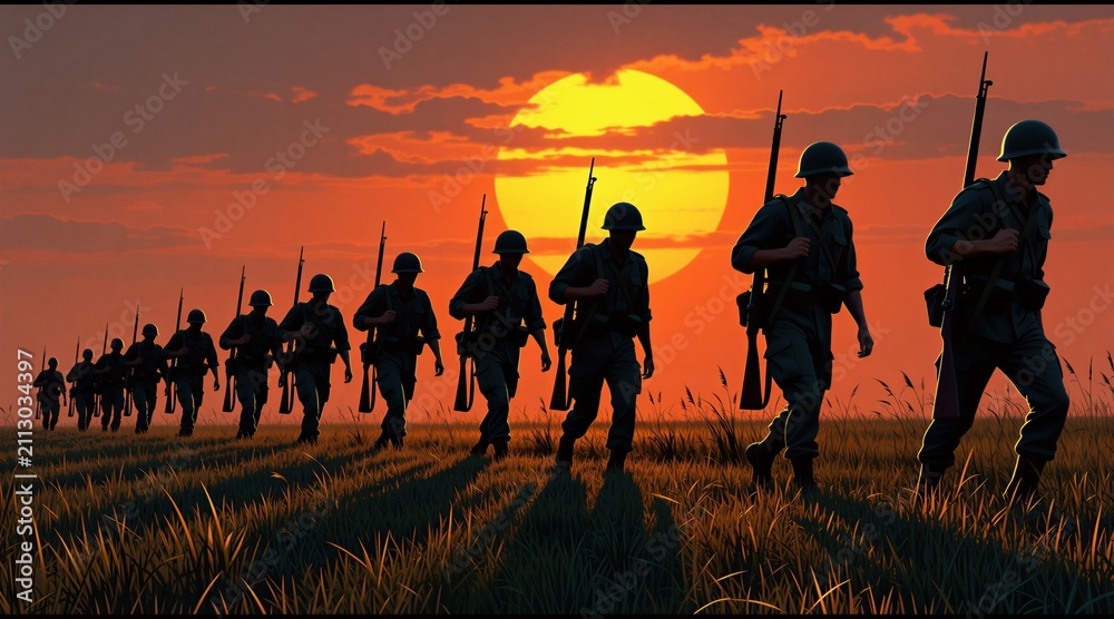 Obraz premium Soldiers march across grassy field towards dramatic sunset. Fiery orange sky illuminates silhouettes of armed men advancing. Military troop on combat mission.
