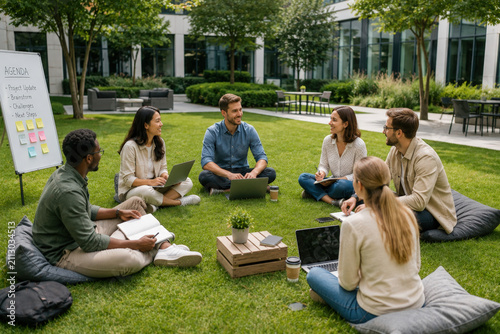 Outdoor Team Workshop on Green Lawn for Corporate Retreats, Collaboration and Employee Development