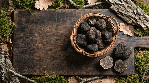 Black Truffles on Wooden Board: A rustic still life arrangement showcasing a woven basket overflowing with earthy black truffles, alongside a few sliced truffles on a weathered wooden cutting board.